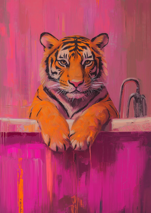 Tiger Relaxing in a Pink Bathtub