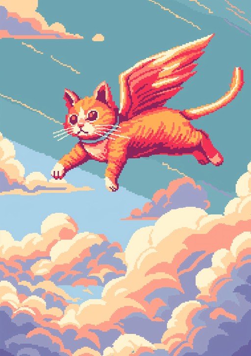 Pixel Art Cat with Wings Soaring Through Clouds
