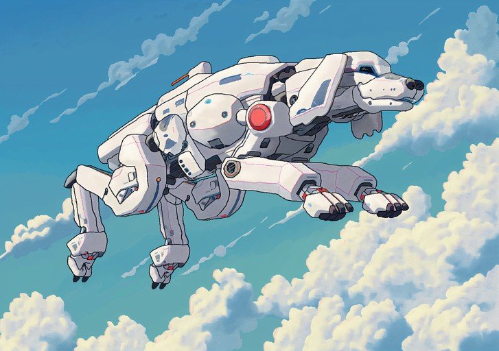 Robotic Dog Soars Through Sky Amidst Clouds