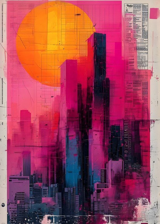 Vibrant Pink and Orange Cityscape with Abstract Skyscrapers
