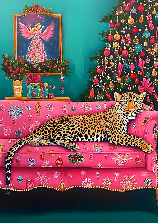 Leopard Lounges on Pink Sofa Amidst Festive Christmas Decor