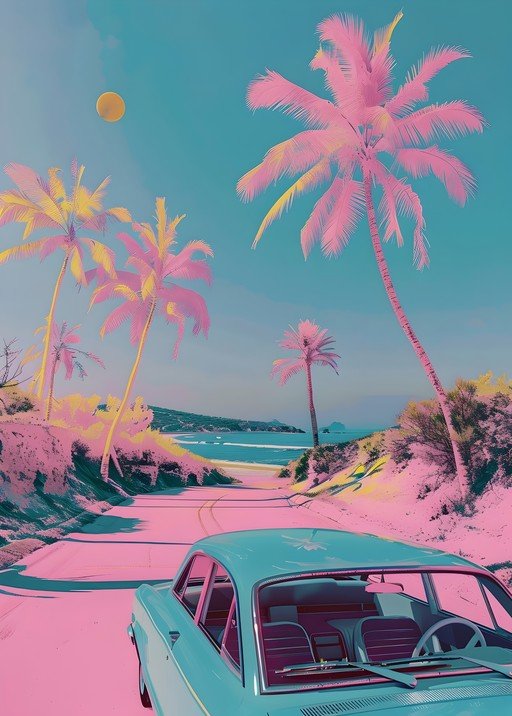 Retro Road Trip to a Pink Paradise Beach