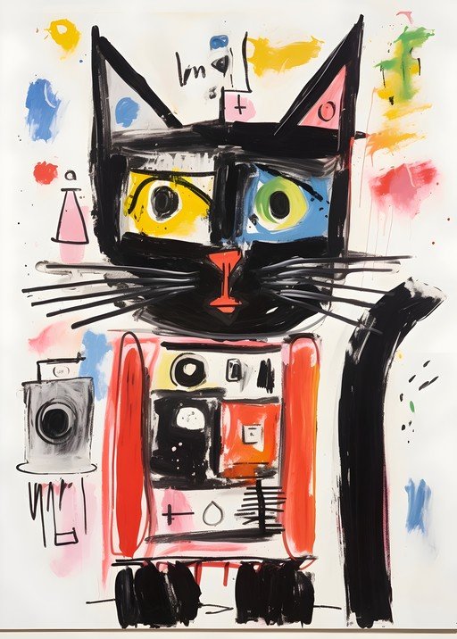 Abstract Black Cat Painting with Vibrant Colors