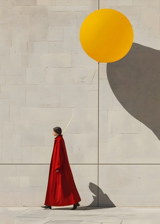 Woman in Red Coat Walks with Yellow Balloon