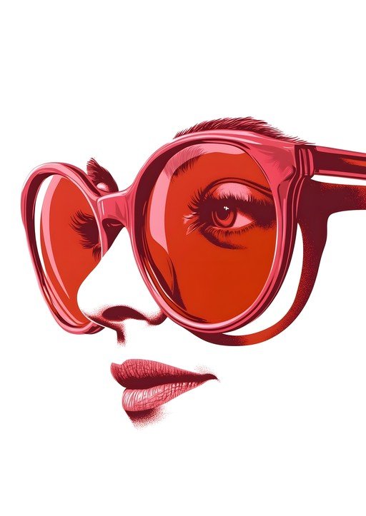 Woman's Face with Red Sunglasses and Red Lips
