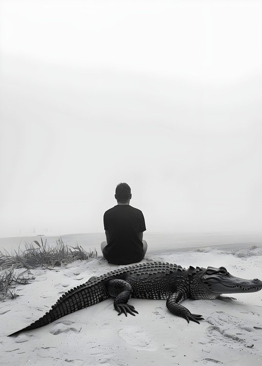 Man and Alligator Meditate on Foggy Beach