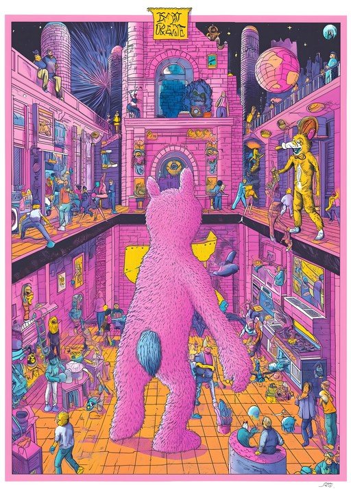 Surreal Pink Cityscape with Furry Giant and Mouse Character