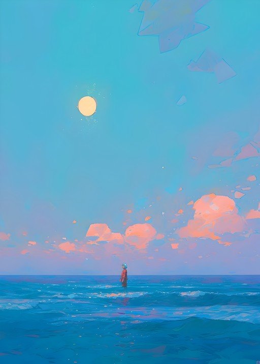 Solitary Figure Gazes at Surreal Sky Over Ocean