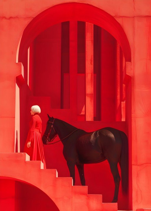 Woman in Red with Horse on Crimson Stairs
