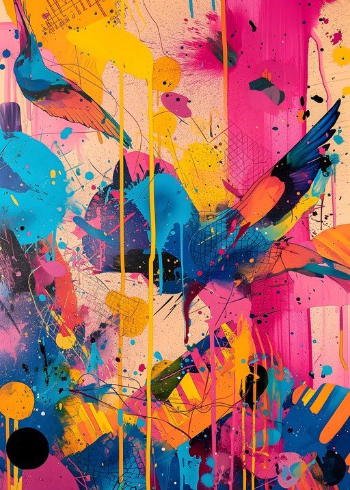 Vibrant Abstract Art with Birds and Splatter