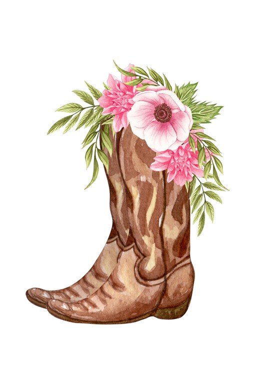 Watercolor Cowboy Boots with Pink Flowers