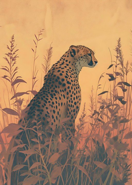 Cheetah in Tall Grass at Sunset