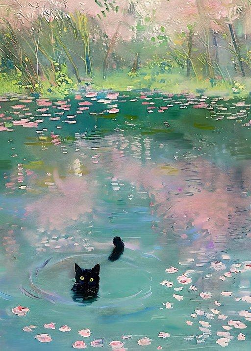Black Cat in Monet-Inspired Water Lily Pond