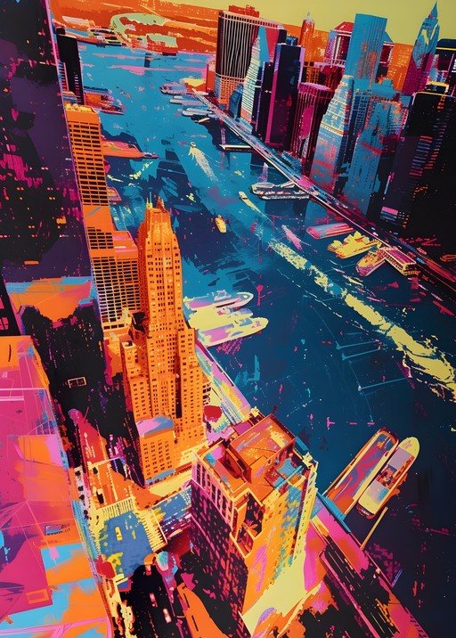 Vibrant Abstract Cityscape with Waterway and Boats