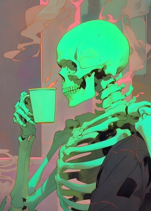 Skeleton Enjoying a Cup of Coffee