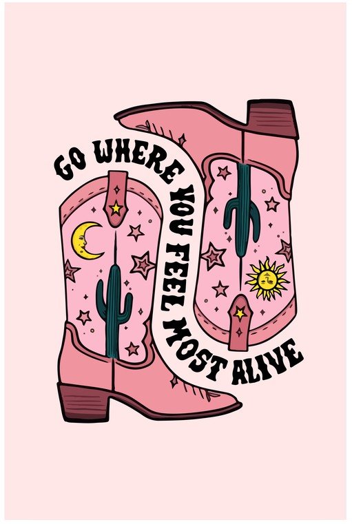 Pink Cowboy Boots with Desert Motifs and Inspirational Quote