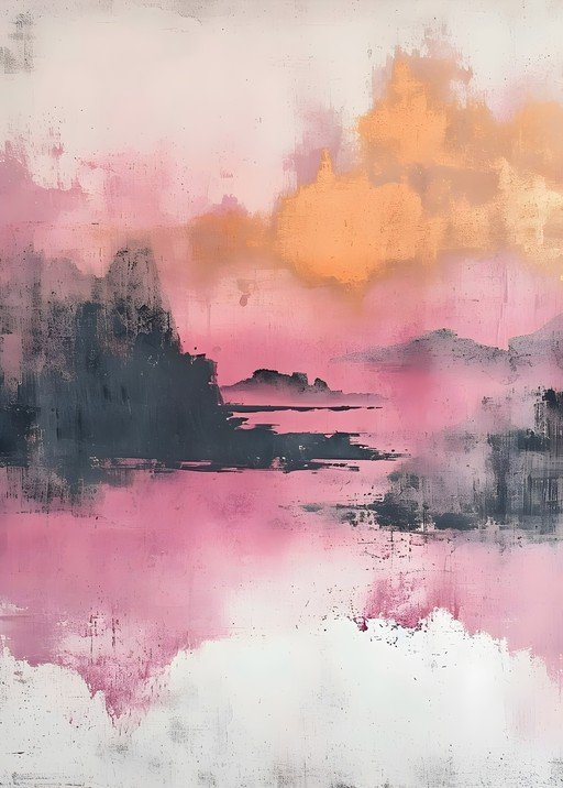 Abstract Landscape Painting with Pink and Orange Hues
