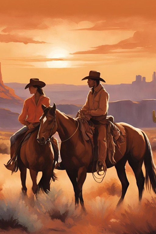 Cowboy Couple Rides Through Desert Sunset