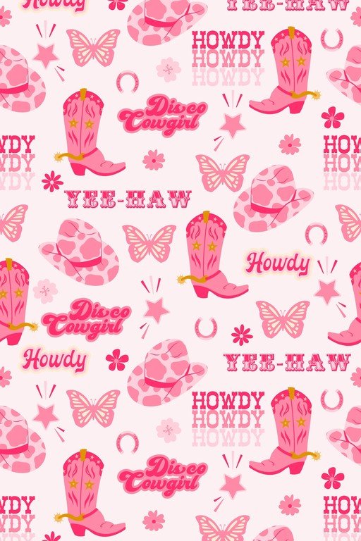 Pink Disco Cowgirl Pattern with Boots and Butterflies