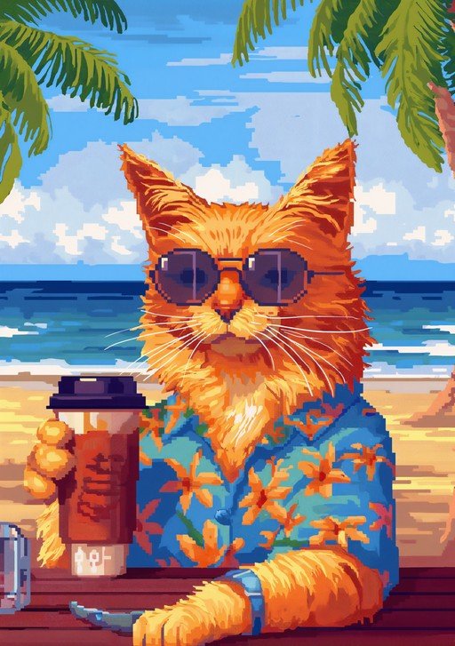 Pixel Art Cat Enjoys Coffee on Tropical Beach