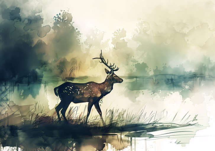 Watercolor Deer by a Serene Lake