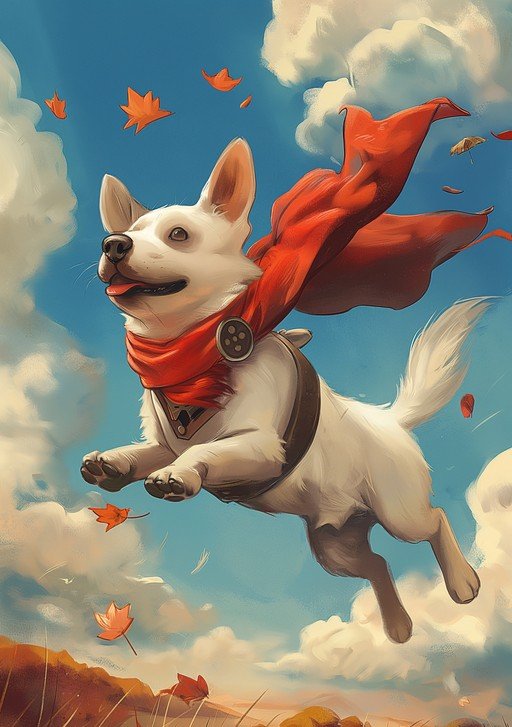 Superhero Dog Flying Through Autumn Sky