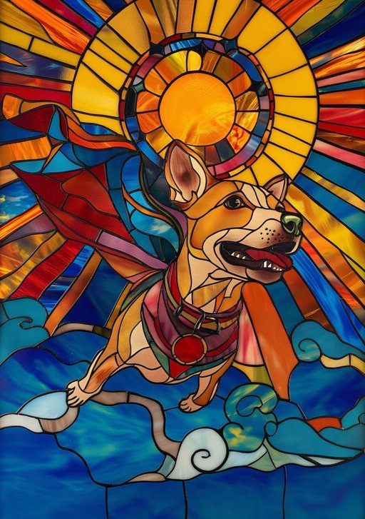 Stained Glass Dog Soaring Through Sky