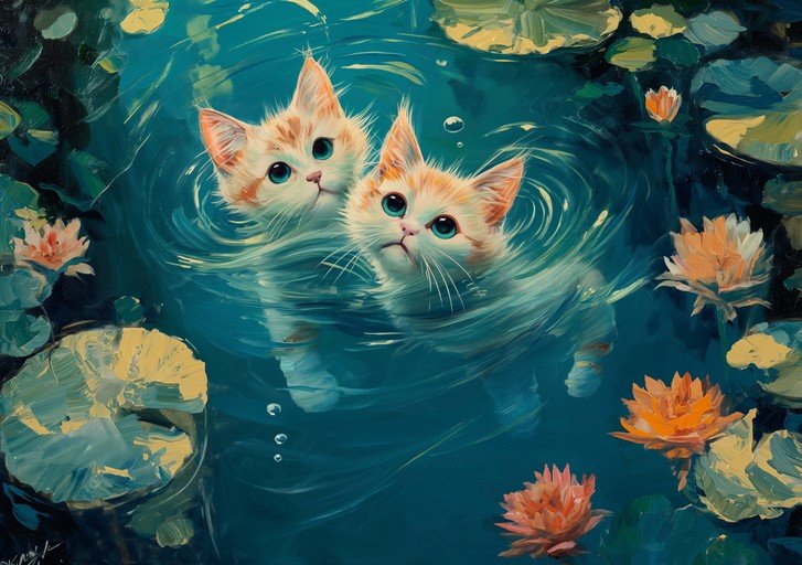 Two Adorable Kittens Swimming Among Water Lilies