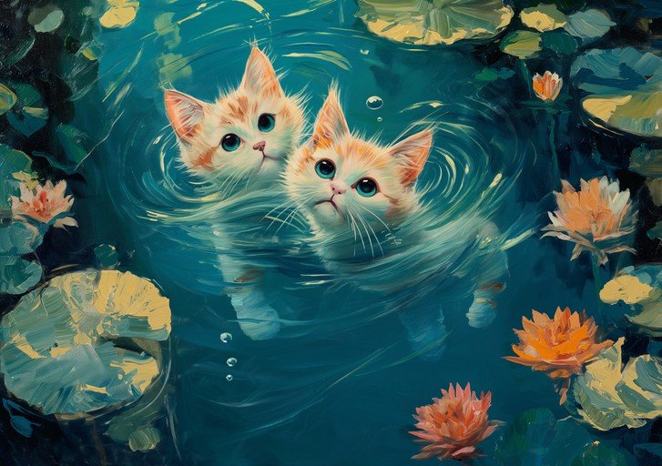 Two Adorable Kittens Swimming in a Lily Pond