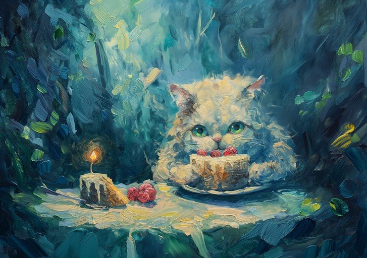 Fluffy Cat Enjoys Birthday Cake in Enchanted Forest