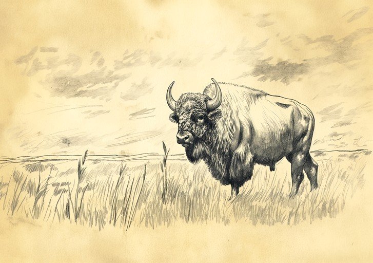 Pencil Sketch of a Bison in a Grassy Field