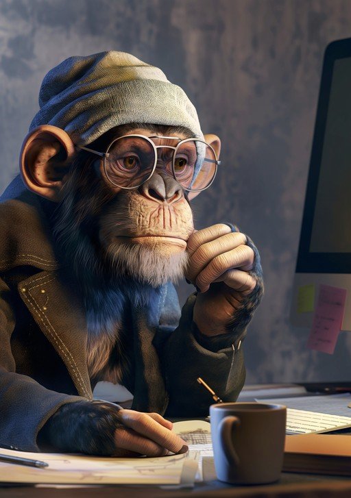 Chimpanzee in Glasses and Beanie Working at Desk