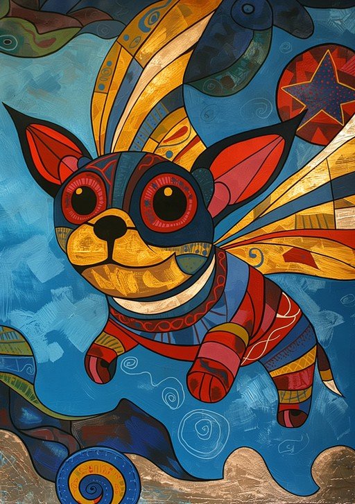 Whimsical Dog with Wings in Abstract Sky