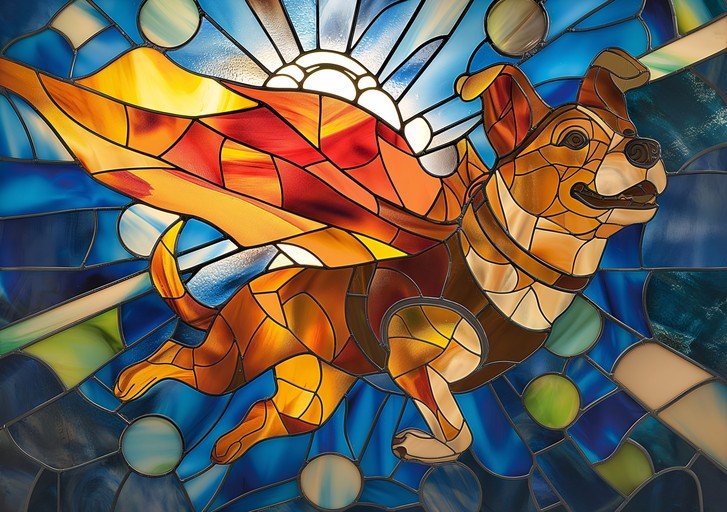 Stained Glass Dog with Fiery Wings Soaring