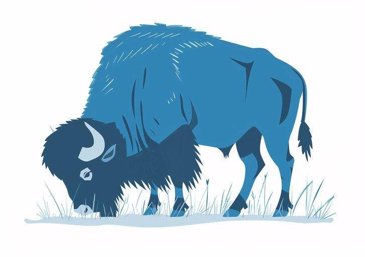 Stylized Blue Bison Grazing in Grass
