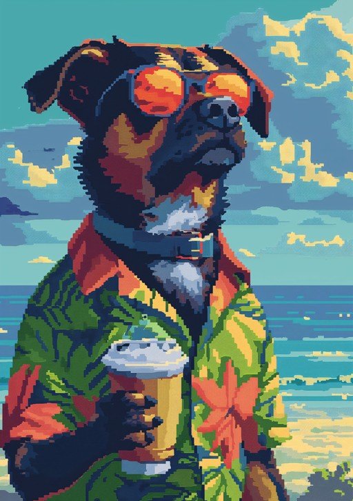 Pixel Art Dog in Hawaiian Shirt with Drink at Beach
