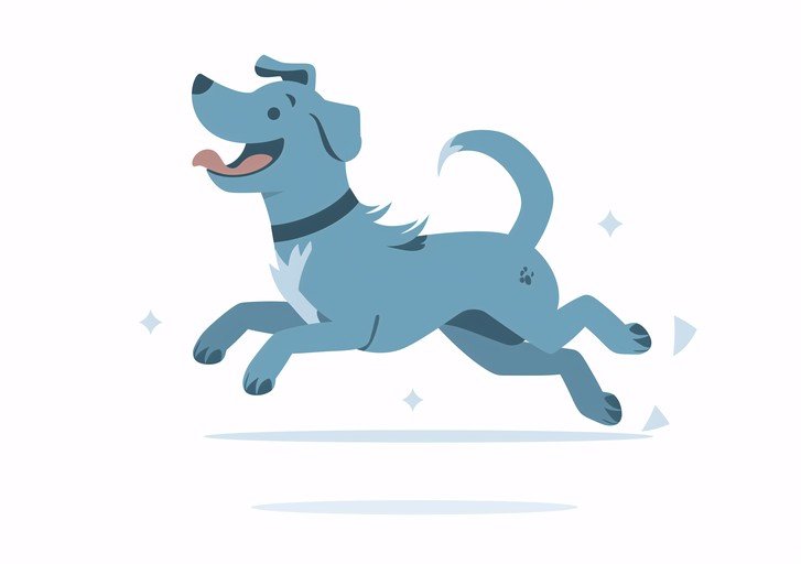 Joyful Blue Dog Running in Mid-Air