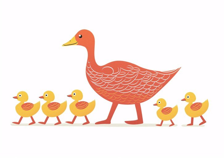 Mother Duck and Ducklings Walking in a Line