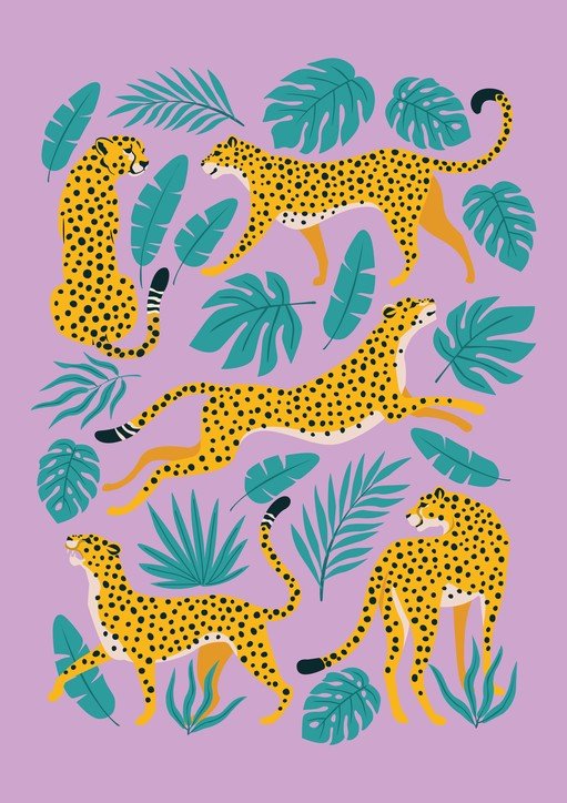 Cheetahs and Tropical Leaves Illustration