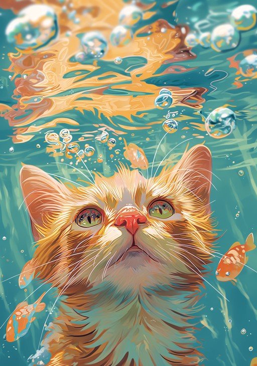Whimsical Cat Underwater with Fish and Bubbles