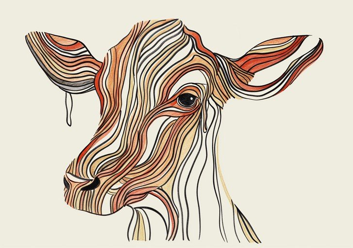 Abstract Cow Portrait with Wavy Lines