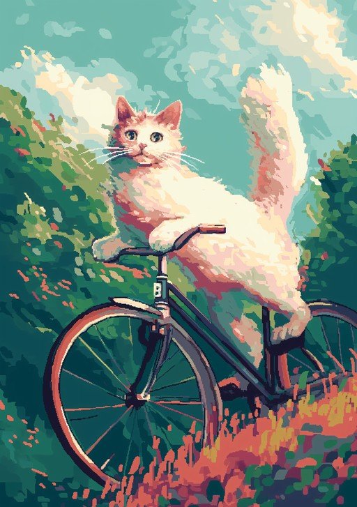 Whimsical Cat Rides Bicycle Through Lush Greenery