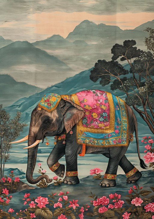 Ornate Elephant in Floral Landscape