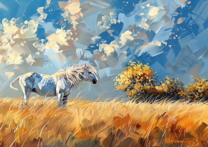 Majestic White Horse in Golden Field Under Dramatic Sky