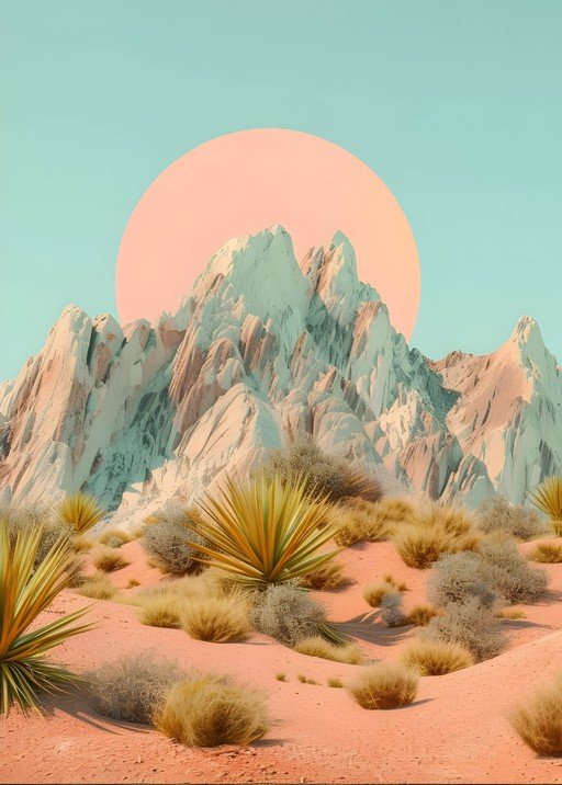 Desert Landscape with Sun and Mountains