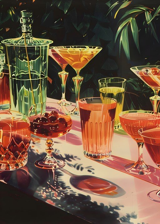Elegant Cocktail Still Life with Lush Greenery