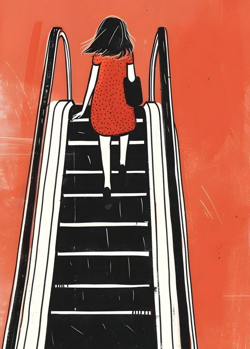 Woman in Red Dress Ascends Escalator