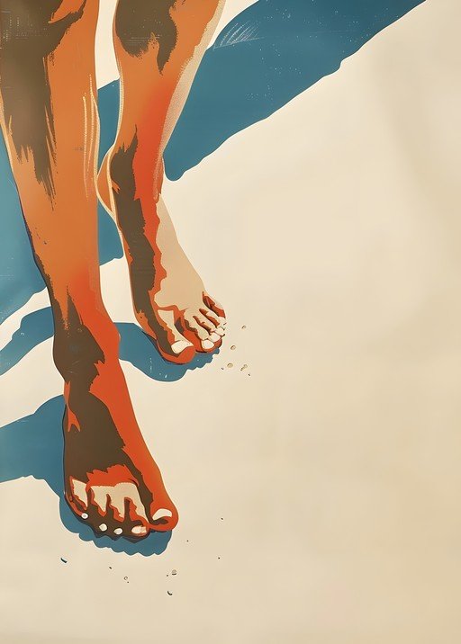 Bare Feet on Sandy Beach Under Bright Sunlight