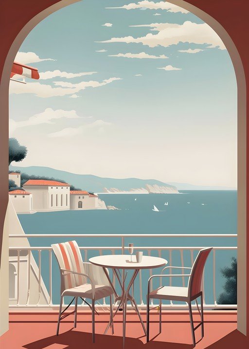 Balcony View of Mediterranean Coastline with Table and Chairs