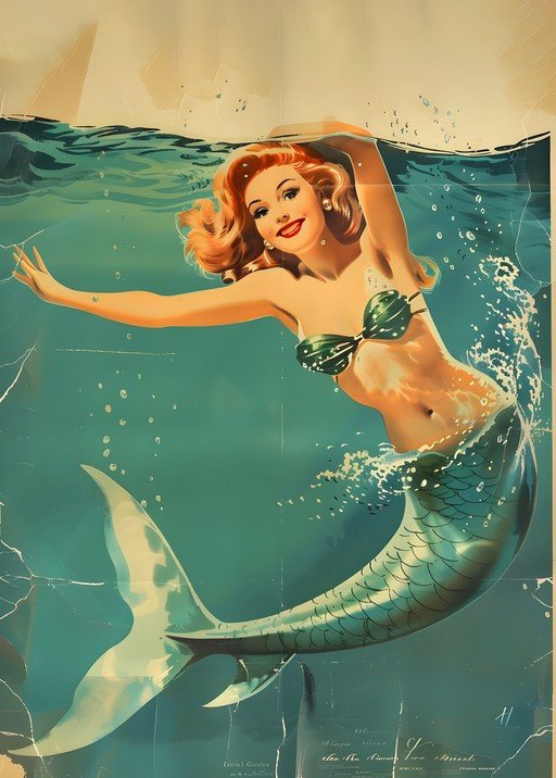 Vintage Pin-Up Mermaid Swimming Underwater